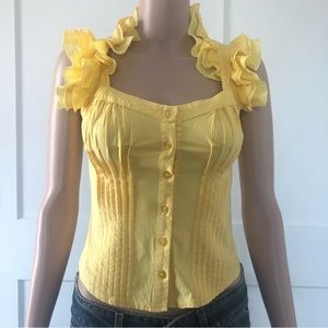 Faisca Yellow Ruffle Sleeveless Sweetheart Pintuck Top Blouse Small